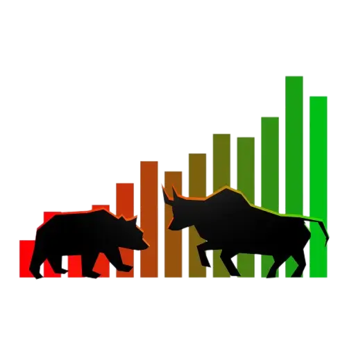Stock Market Bull vs Bear with Red and Green lines of alternating lengths 2 Gray Beards